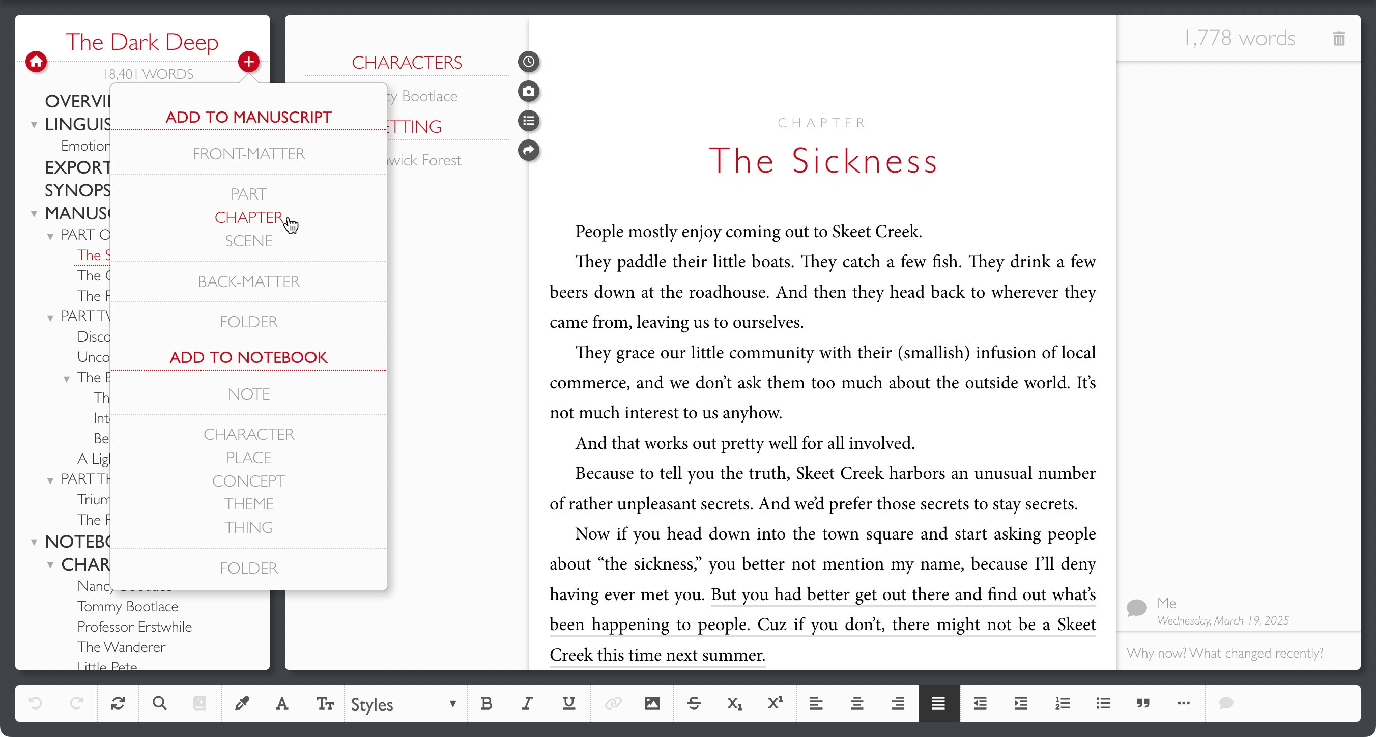 Shaxpir writing platform showing manuscript editor and world-building tools